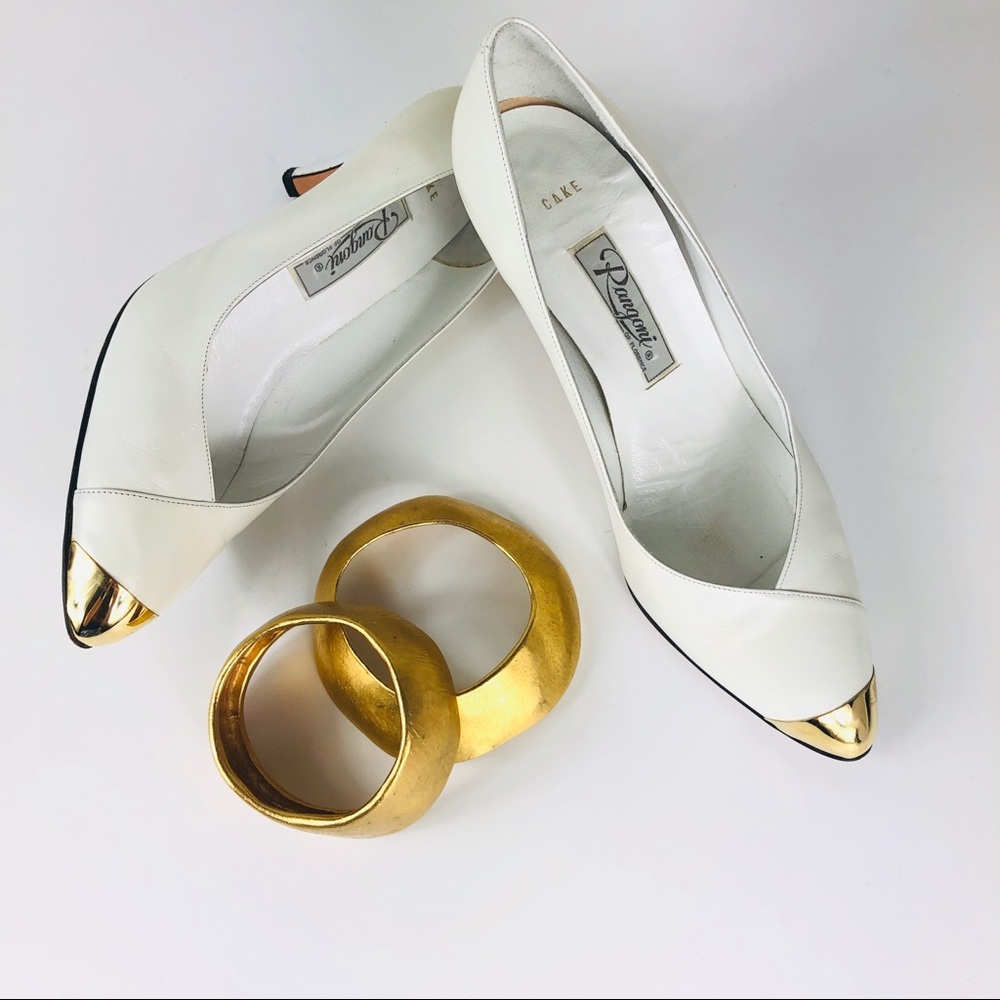 Vtg Rangoni Pumps White Pearl Leather & Gold Toe